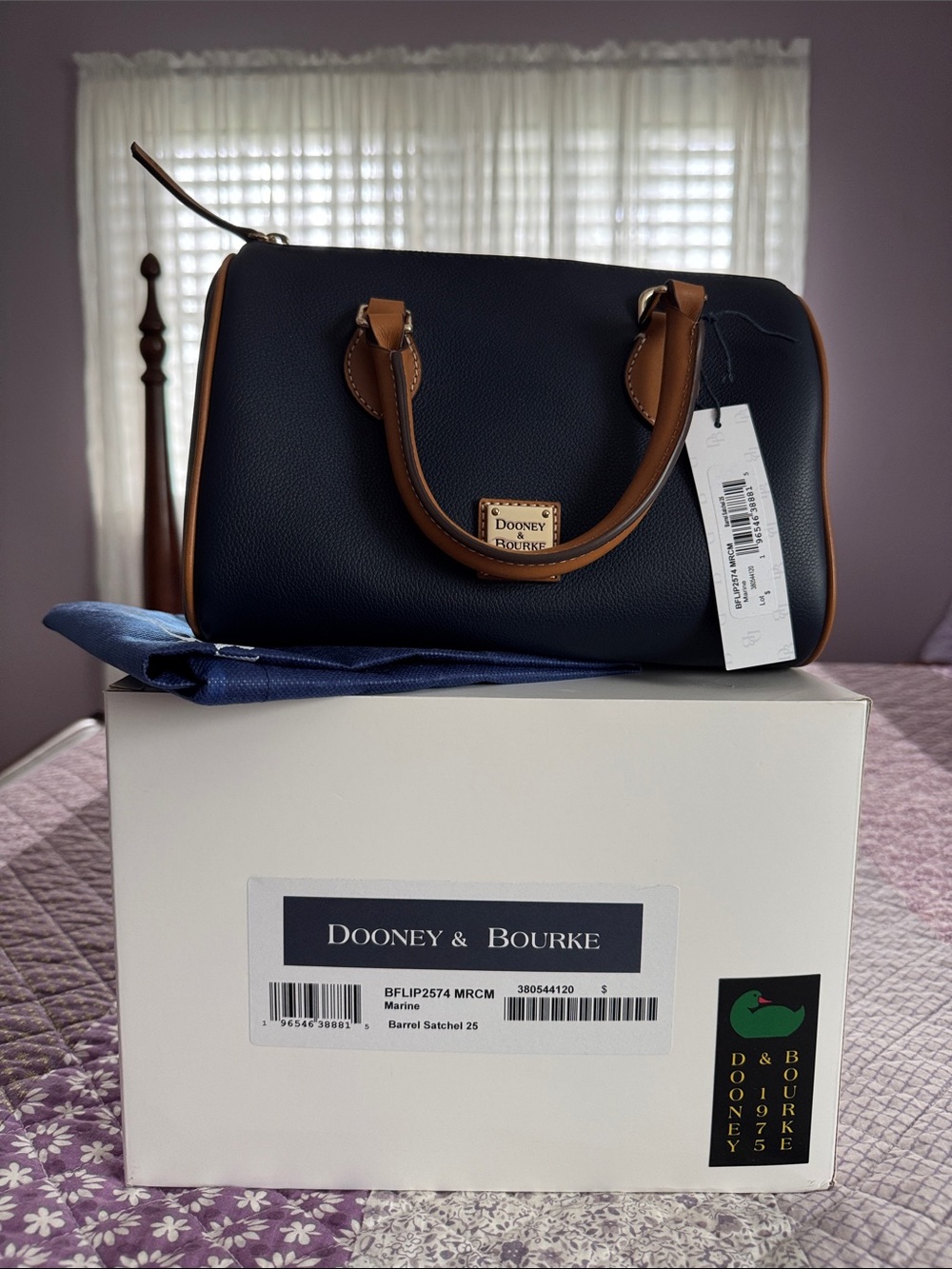 Dooney & Bourke Marine Barrel Satchel with Tan Trim